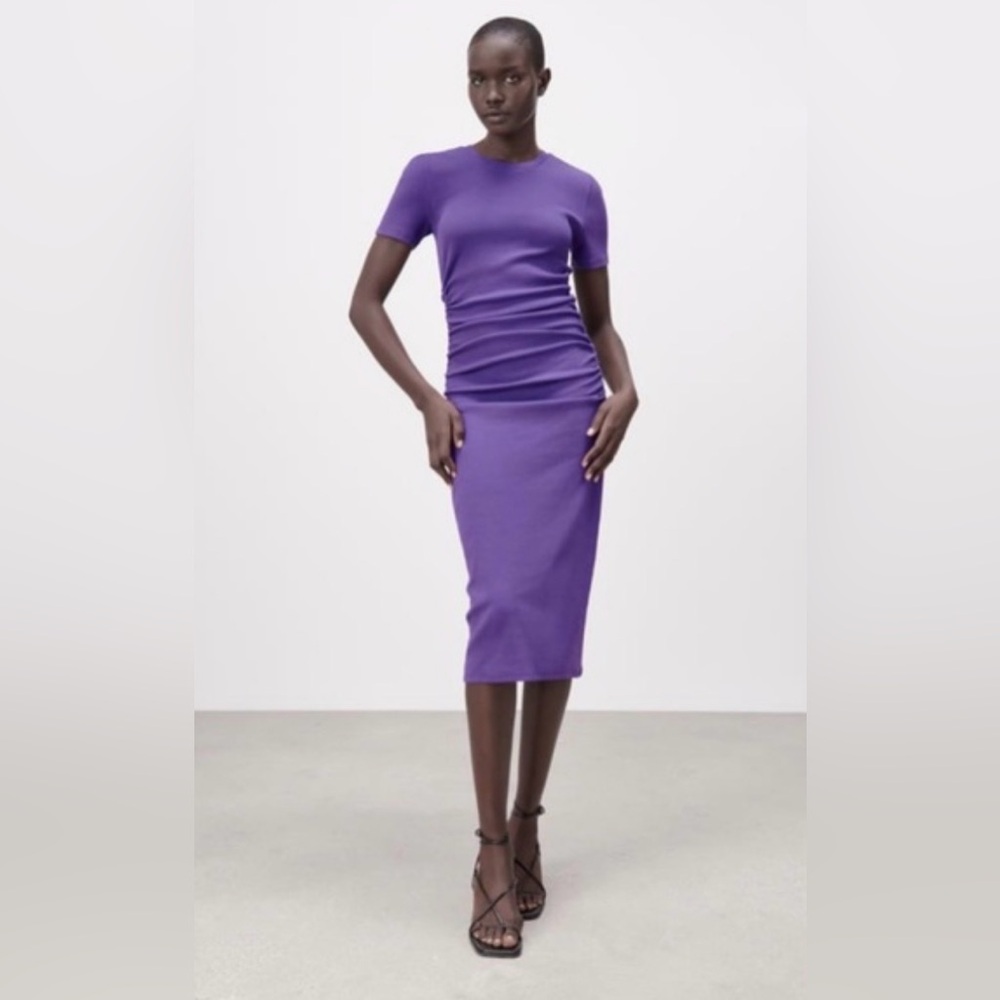 Zara Purple Form-Fitting Ruched Midi Dress Size L
